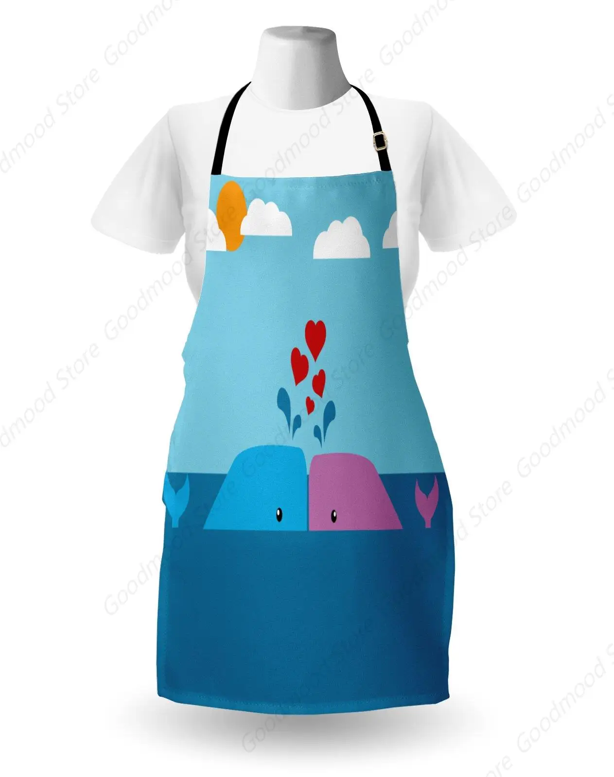 Whale Apron, Art of Romantic Lover Whales in Ocean with Sun and Clouds Animal Fun Love Print, Unisex Kitchen Bib Apron