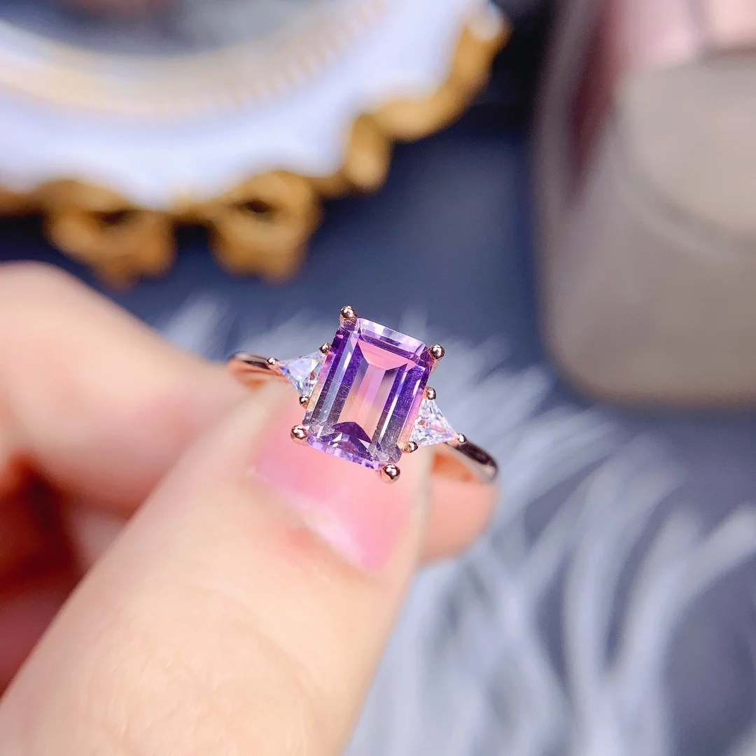 Sterling Silver with Natural Ametrine Ring Emerald Cut 7x9mm Natural Gemstone Women Engagement Ring Fine Jewelry view 5