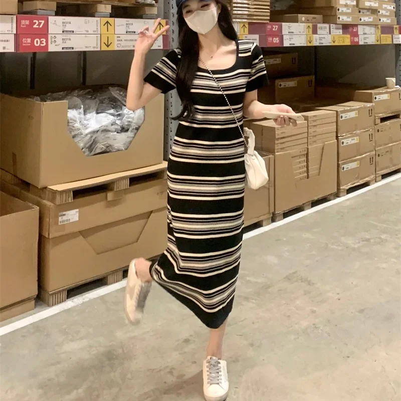 

Women Stripe Square Collar Knitted Dress Korean Summer Elegant Slim Fit Slimming Robe Y2k Short Sleeve Long Dresses 2024 Платье