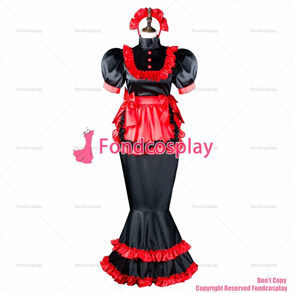 fondcosplay adult sexy cross dressing sissy maid long black satin dress lockable Uniform red apron Fish tail CD/TV[G2406]