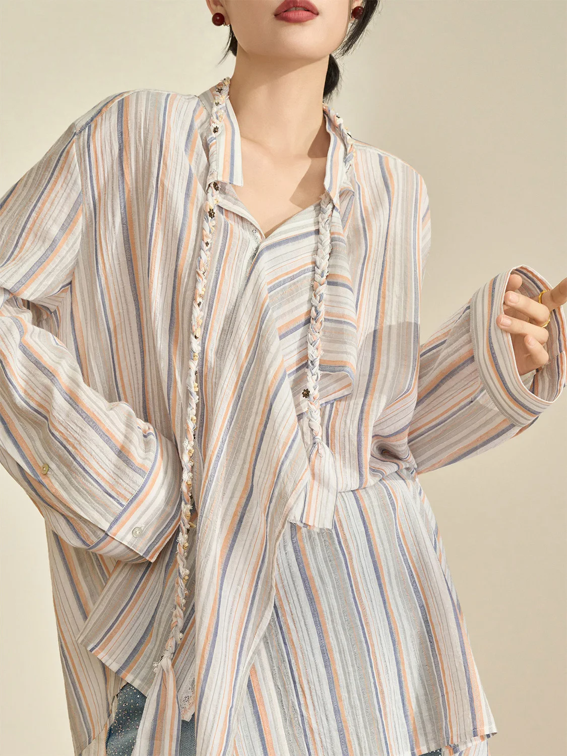 

Spring 2026 Women's Long Sve Striped irt Irregular Color Blo Flowing Era Casual Comfortable Breathable V-Ne Polyeste...