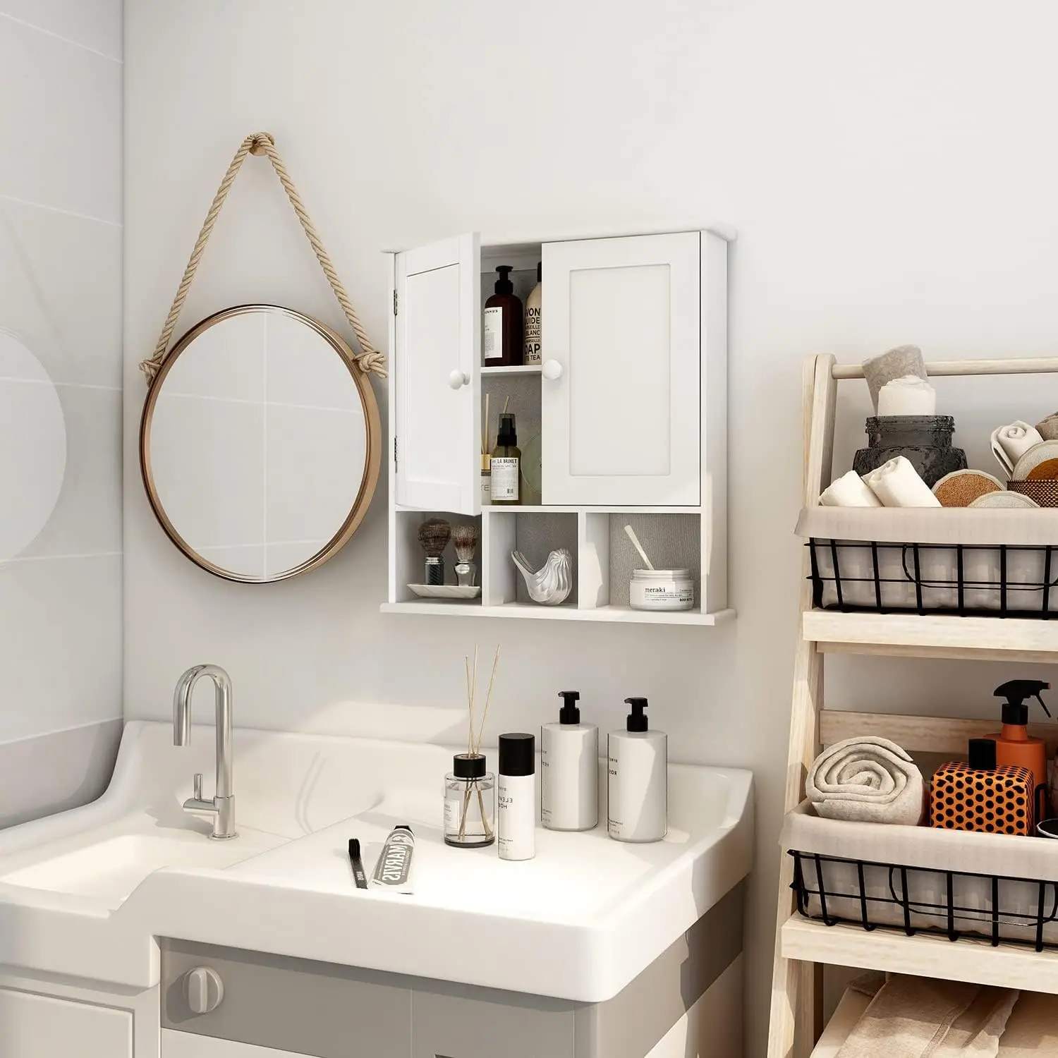 Bathroom Wall Cabinet with 2 Door Adjustable Shelves,Over The Toilet Storage White Wall Mounted Medicine Cabinets