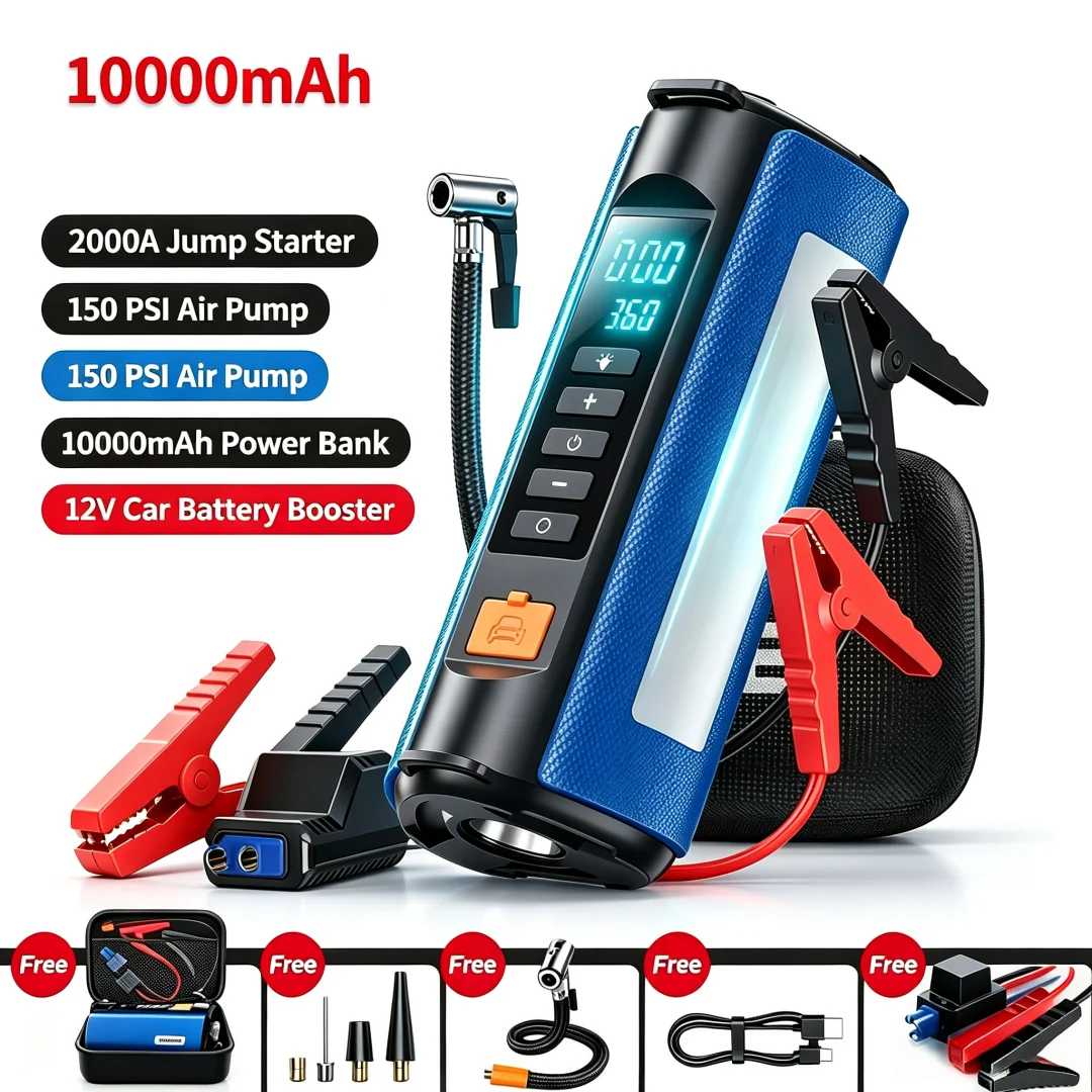 4 In 1 2000A Peak Car Jump Starter 10000mAh 150PSI Air Compressor Tire Inflator 12V Portable Power Bank Emergency Booster