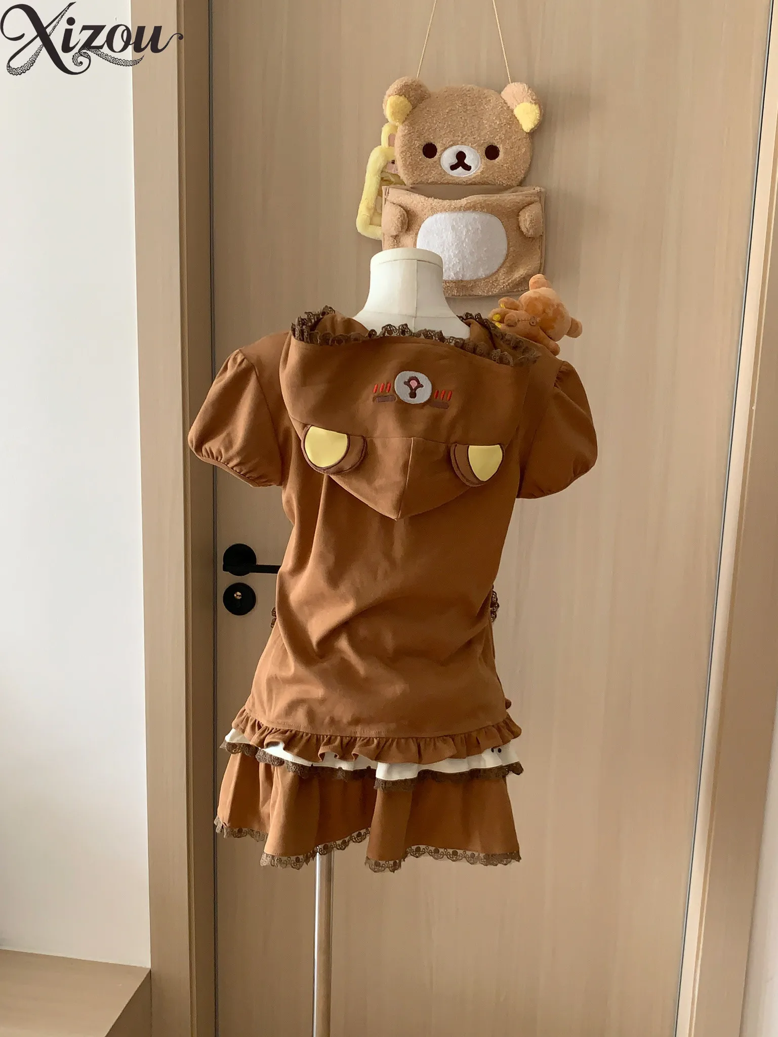 Japanese Cute Bear Embroidery Hooded Short Sleeve Top Cake Skirt Set Summer Brown Polka Dot Bow Heart Button Two Piece Outfit