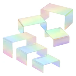 3/6Pcs Acrylic Riser Display Shelf Rainbow Iridescent Countertop Desktop Acrylic Display For Decoration And Organization