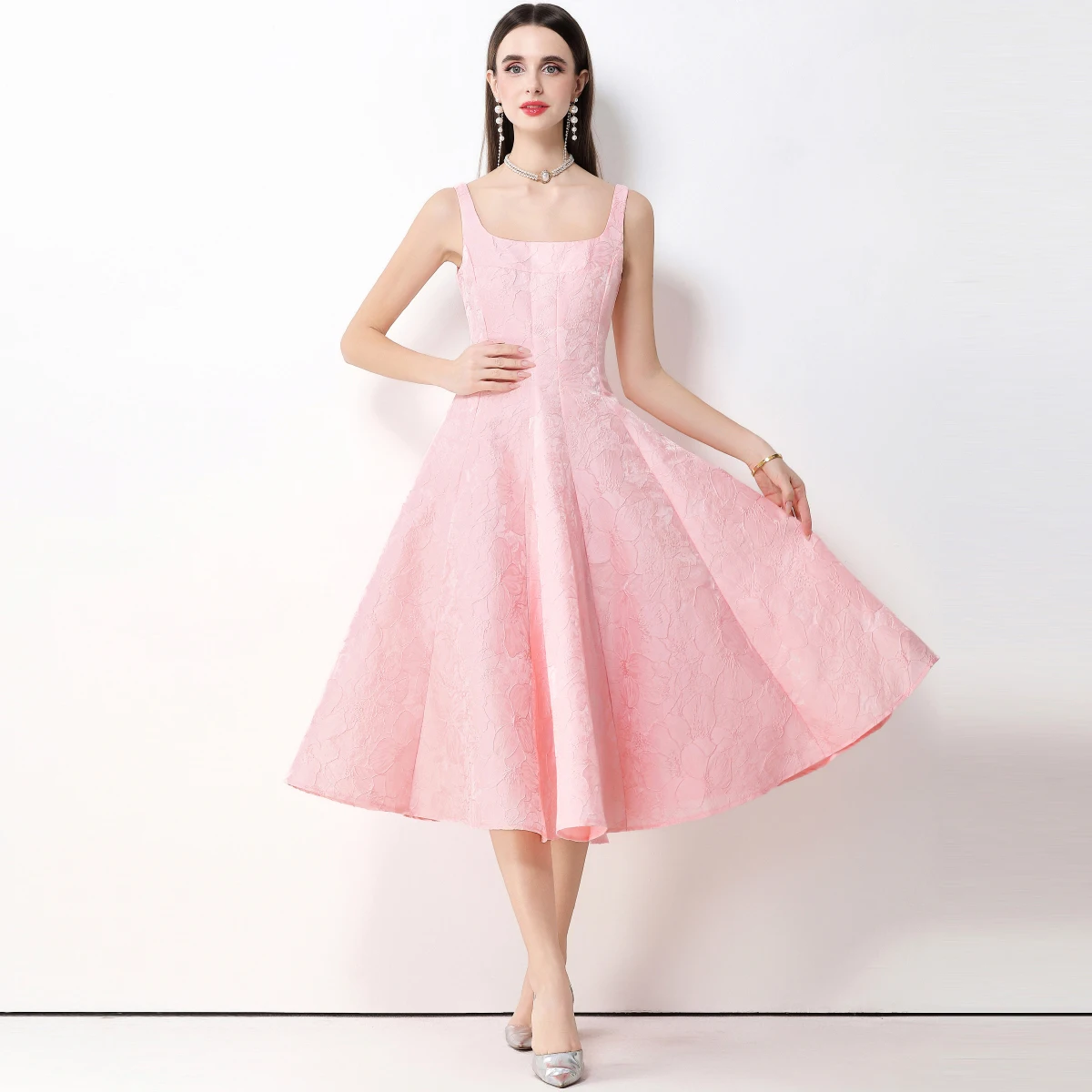 

Elegant Women's Sleeveless Midi Dress A-Line Floral Jacquard Square Autumn Winter Party Fashion Formal Vestidos High Quality