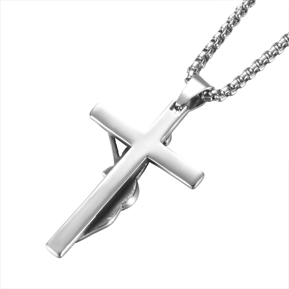 French Rocker Johnny Hallyday Guitar Cross Pendant Necklace Stainless Steel Floating Locket Christian Crucifix Men Jewelry Gift