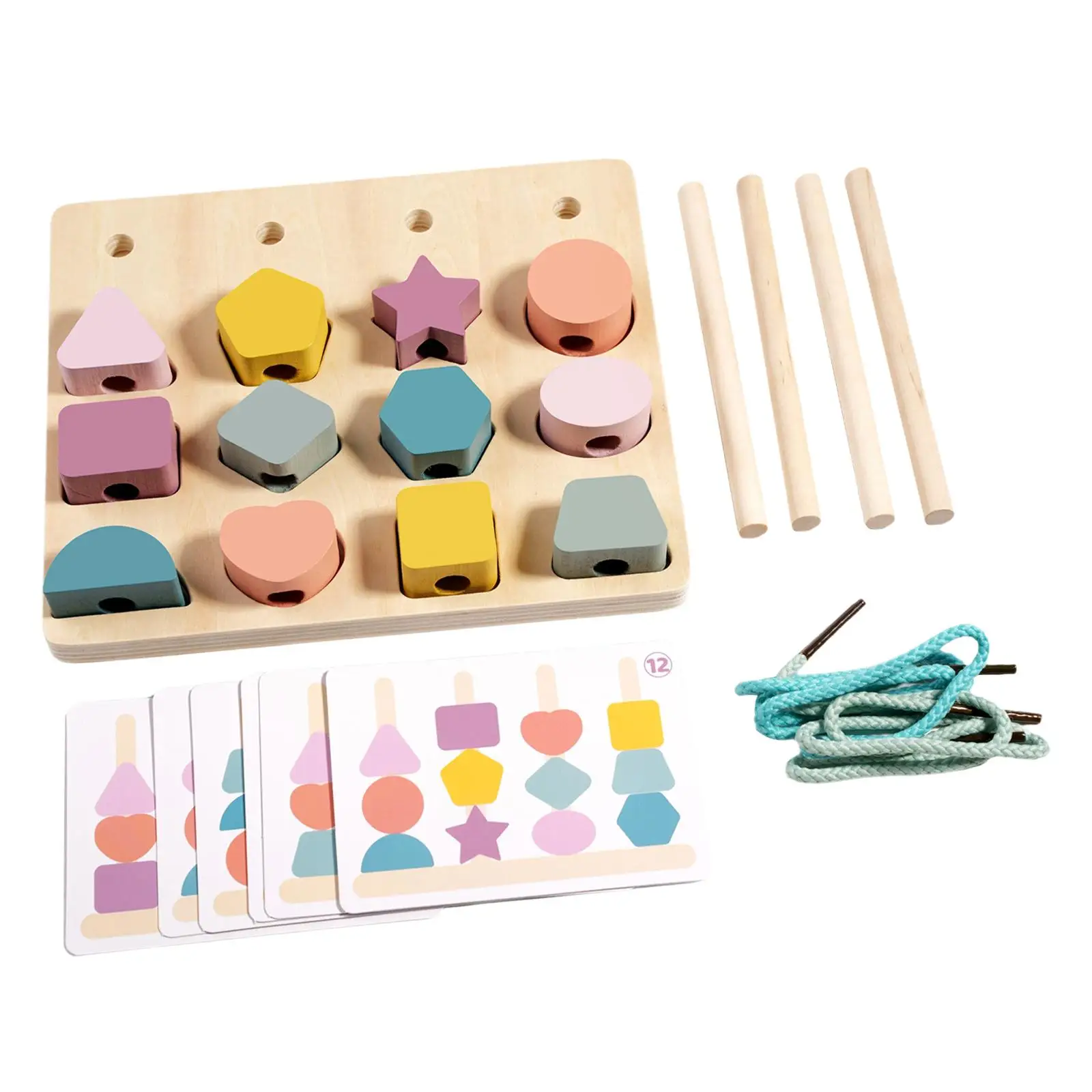 Montessori Wooden Beads Sequencing Toy Set Lacing Beads for Preschool Kids