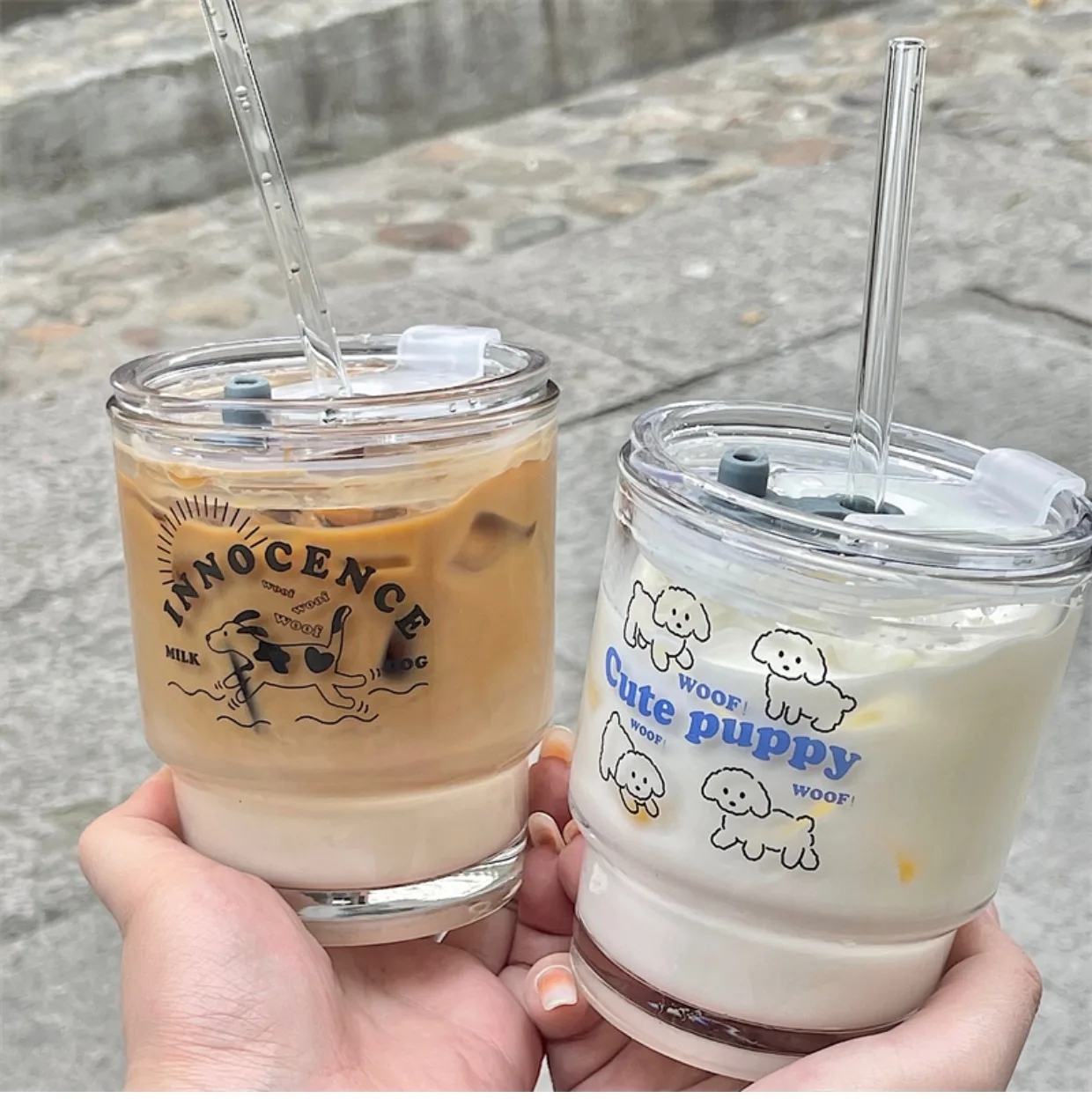 350ML Cartoon Dog Glass Cup With Lid and Straw Transparent Glasses Juice Milk Tea Cups Iced Coffee Mug Glass Water Cup Drinkware