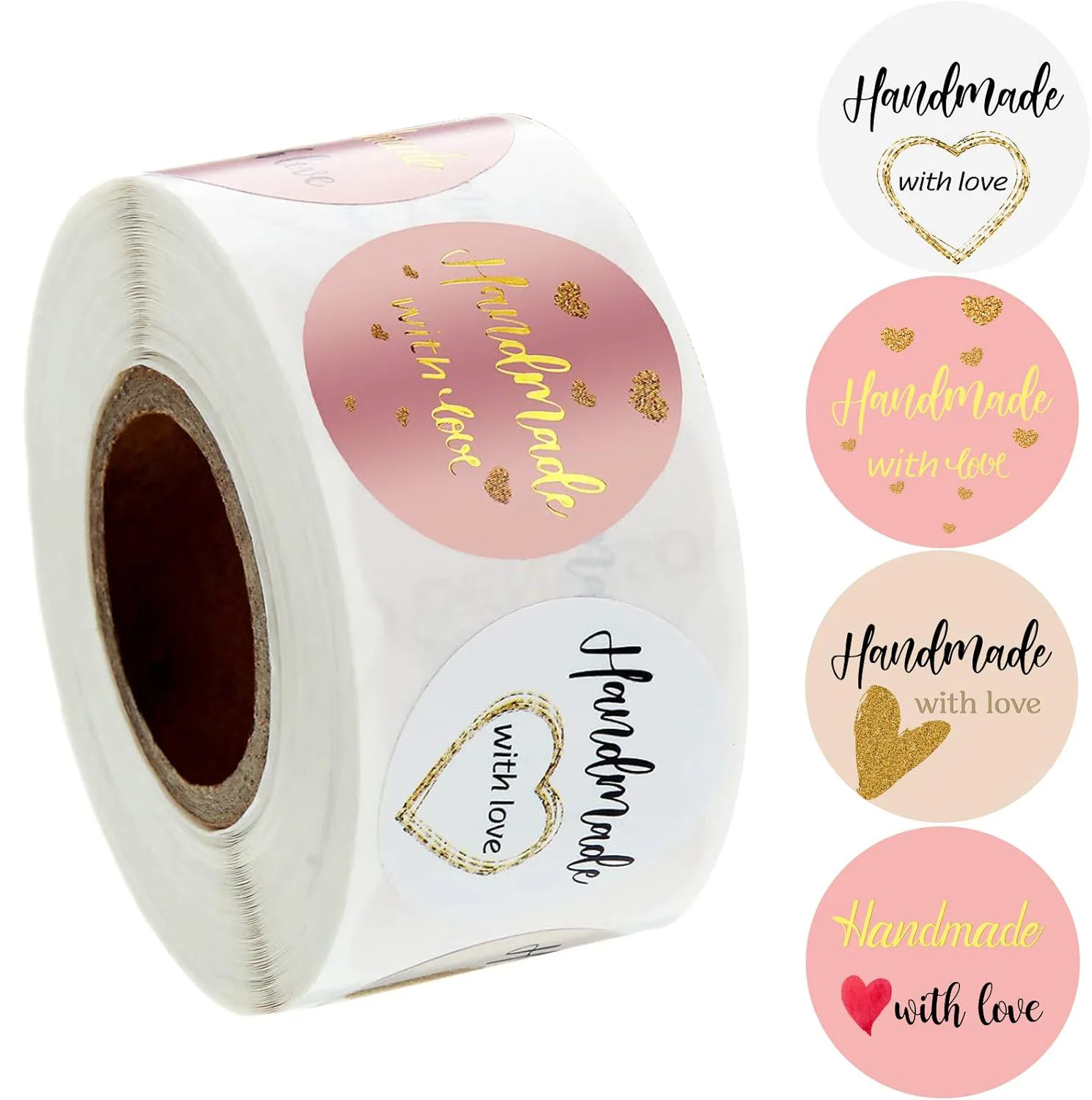 JCAC 500pcs/roll Pink Floral Gold Foil Baking Stickers, Self-Adhesive Dessert Cake Seal Labels for Wedding Gift Packaging