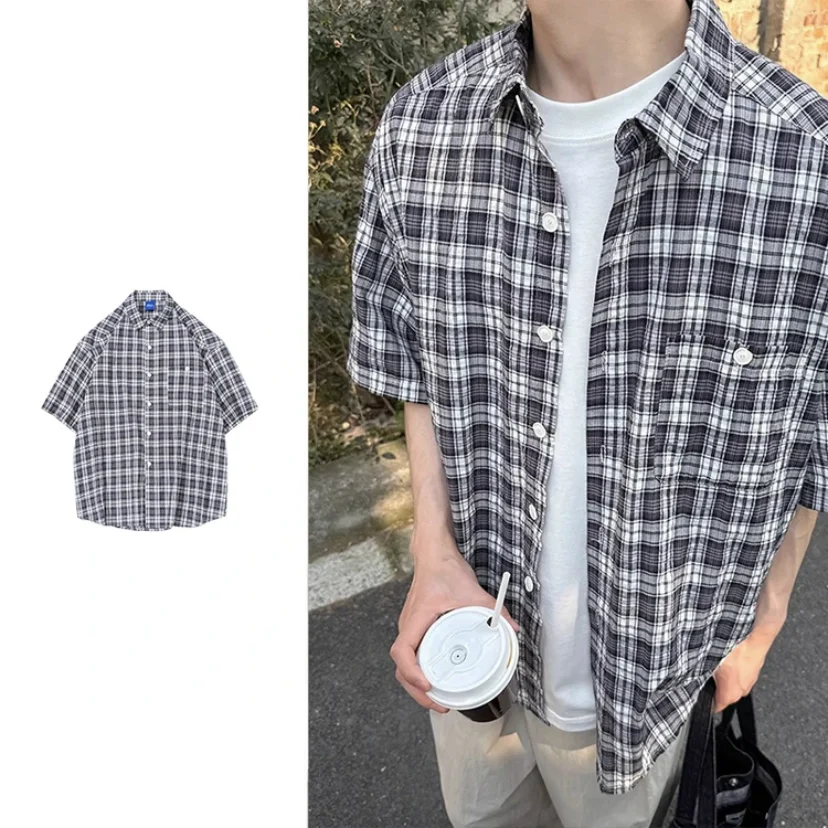 

Tee-Piece Set/Single Piece Men's Fre Plaid ort Sve Casual irt Japanese Sle Versatile Simple Workwear irt Ensemble