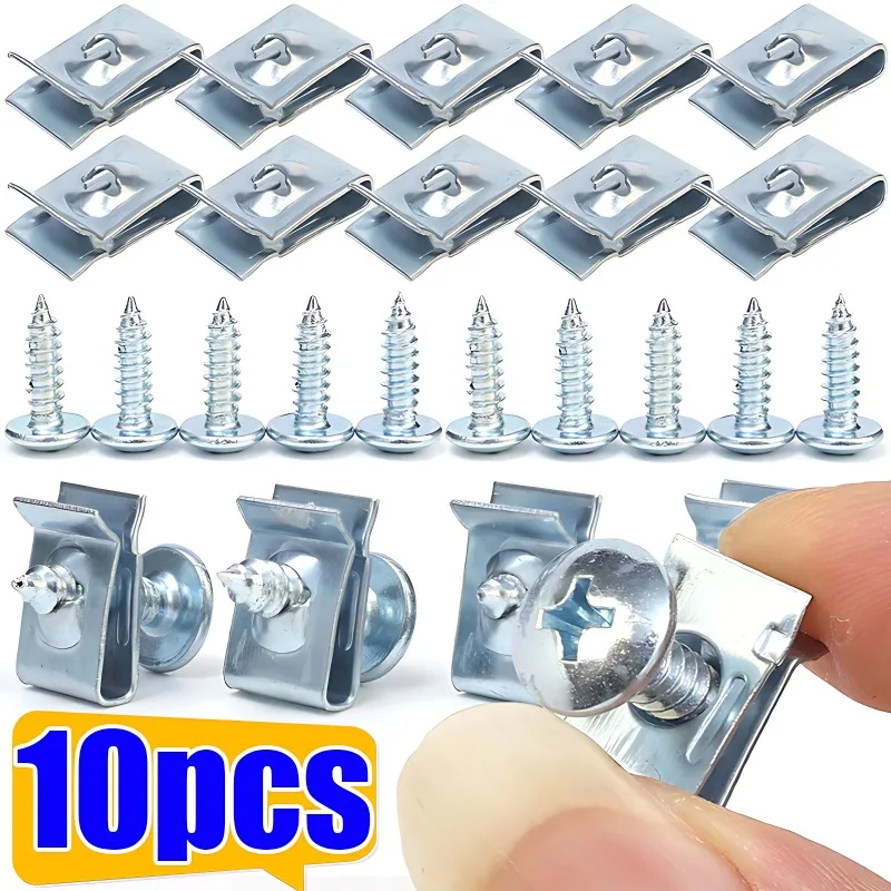 10pcs Car Motorcycles Metal Screw Tapping Fastener Clip U-Type Clip with Screw Anti-rust Protection Clip Screw Buckle Iron Sheet