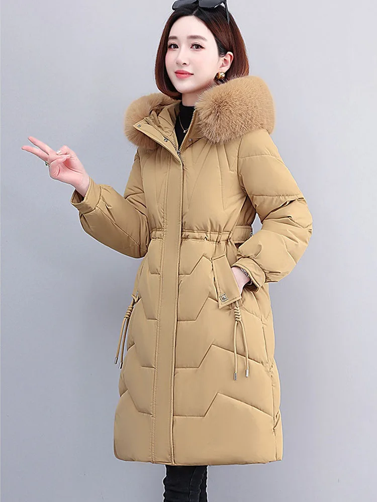 2023 Fashion Long Overcoat Women Winter Down Cotton-padded Jacket Slim Coat Hooded Fur Collar Outwear Female Thicken Warm Parkas