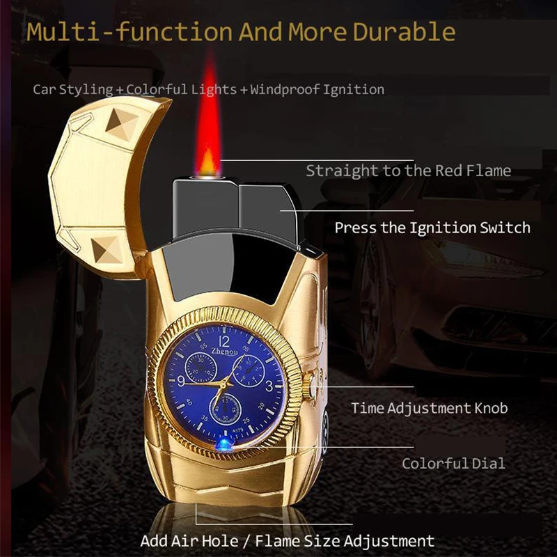 Creative Sports Car Watch Gas Windproof Lighter Colorful Lights Metal Turbine Powerful Gas Jet Torch Lighter Smoking Accessories