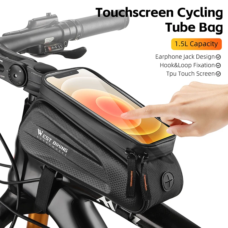 WEST BIKING 7.0 Inch Bike Phone Touch Screen Bag Bicycle Reflective Top Tube Bag EVA Hard Shell Water Repellent Front Frame Bags