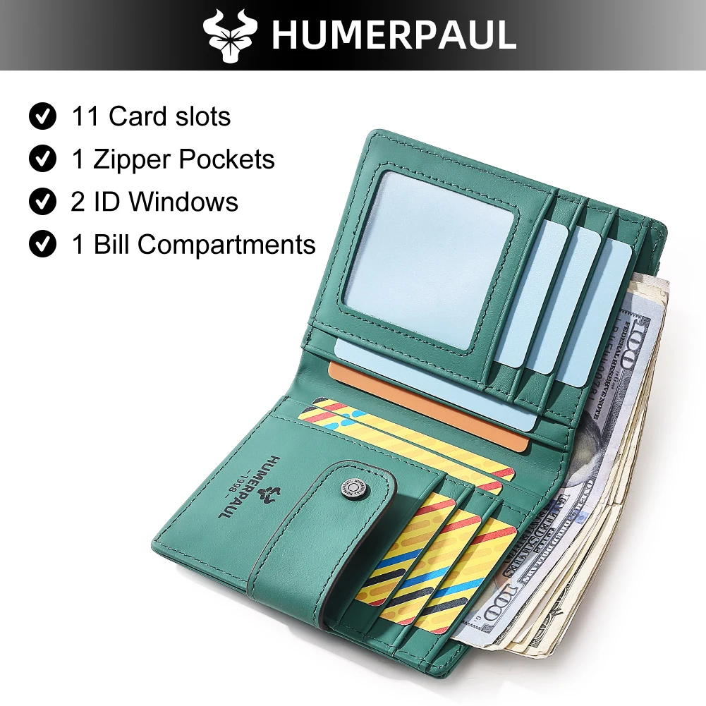 HUMERPAUL Genuine Leather Women Wallet Fashion Bi-fold Wallets RFID ID Card Holder With Zipper Small Coin Pocket  Portable