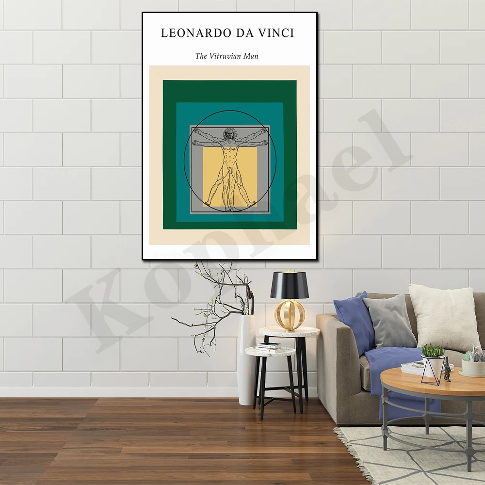 Витрувианский человек Леонардо да Винчи Статуя Искусство Бирюзовый Абстрактный Художественный Музей Цветной Блок Печать Настенный Художественный Плакат