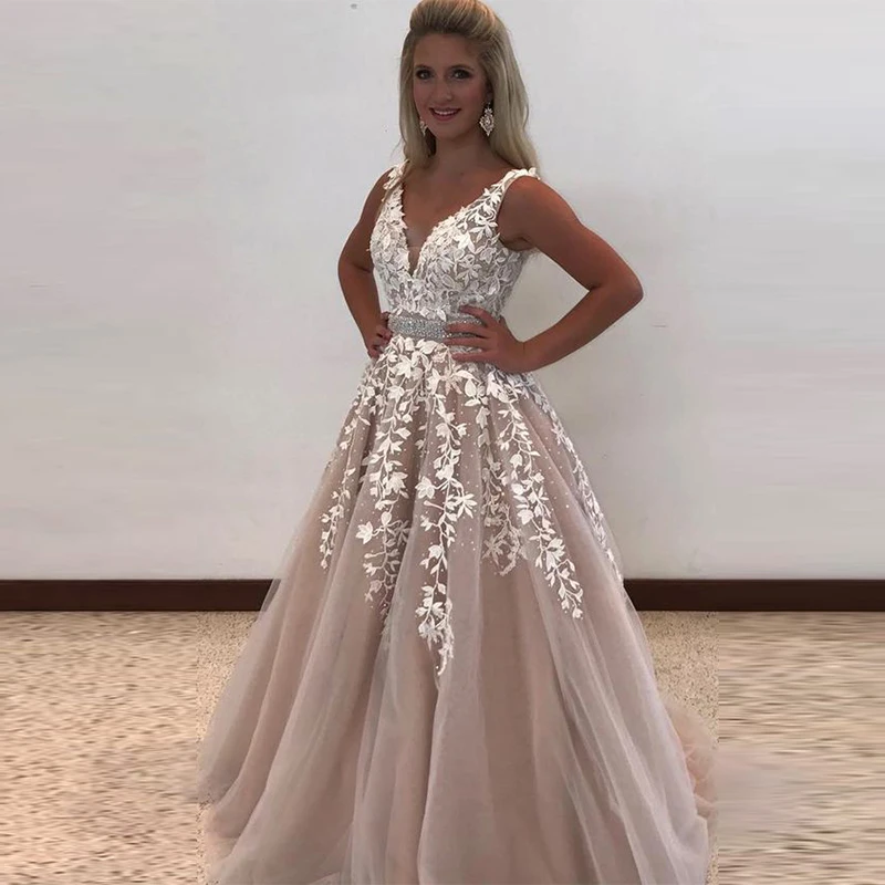 Vestido De novia estilo bohemio, traje De novia con cinturón De cuentas, apliques con cuello en V, tul, personalizado