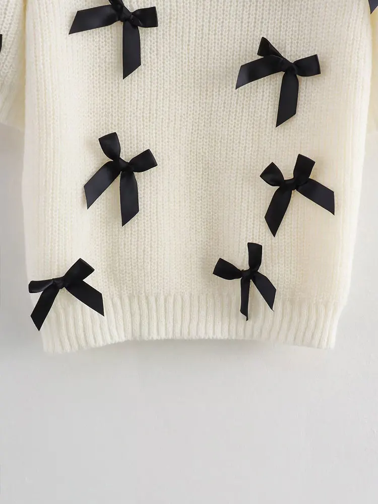 TRAF 2024 Autumn Bow Decoration Women Knitted Pullovers Puff Sleeve White Sweater Petite Crop Top Jumper