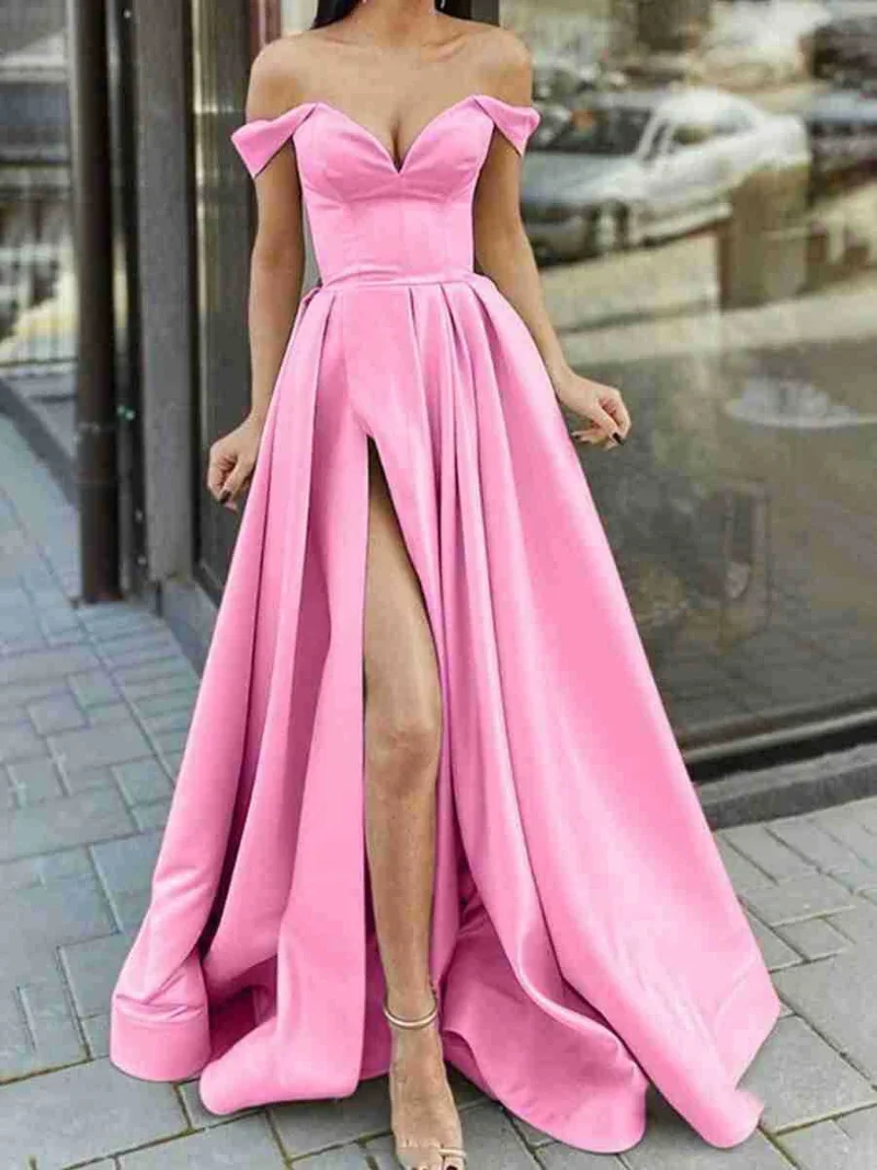 

Elegant Off Shoulder Strapless Split Evening Dress Club Party Short Sleeve Dress Slash Neck Backless Maxi Vestidos Summer Women