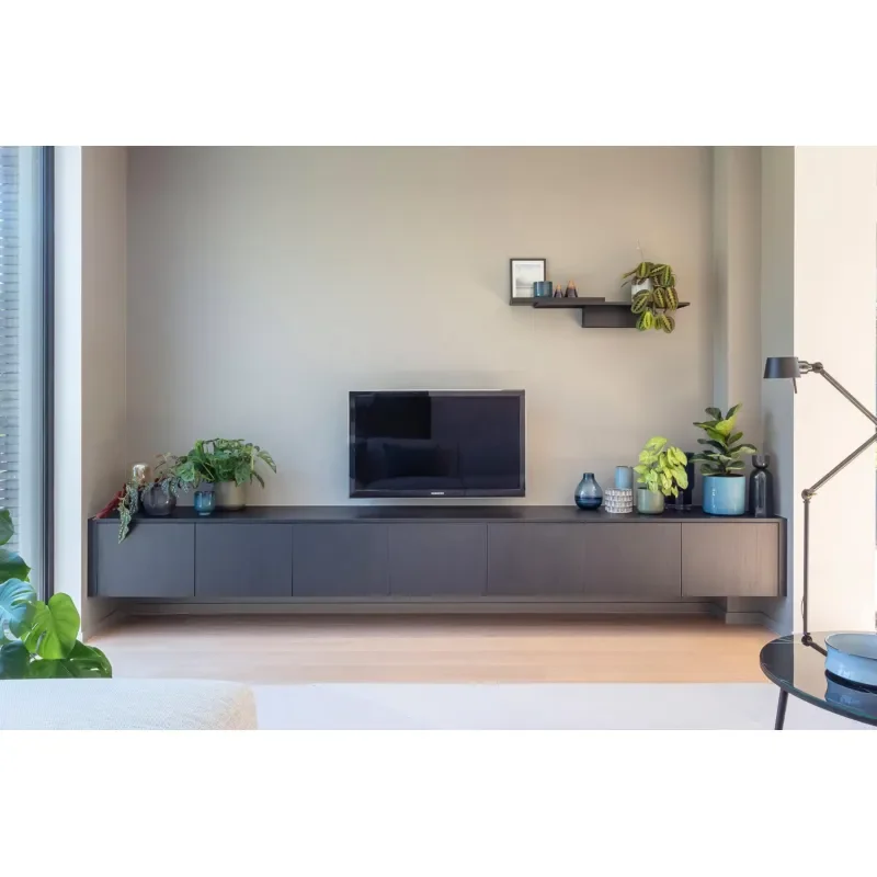 Wall-mounted TV cabinet with floating design and concealed handle, contemporary living room locker with matte grey finish