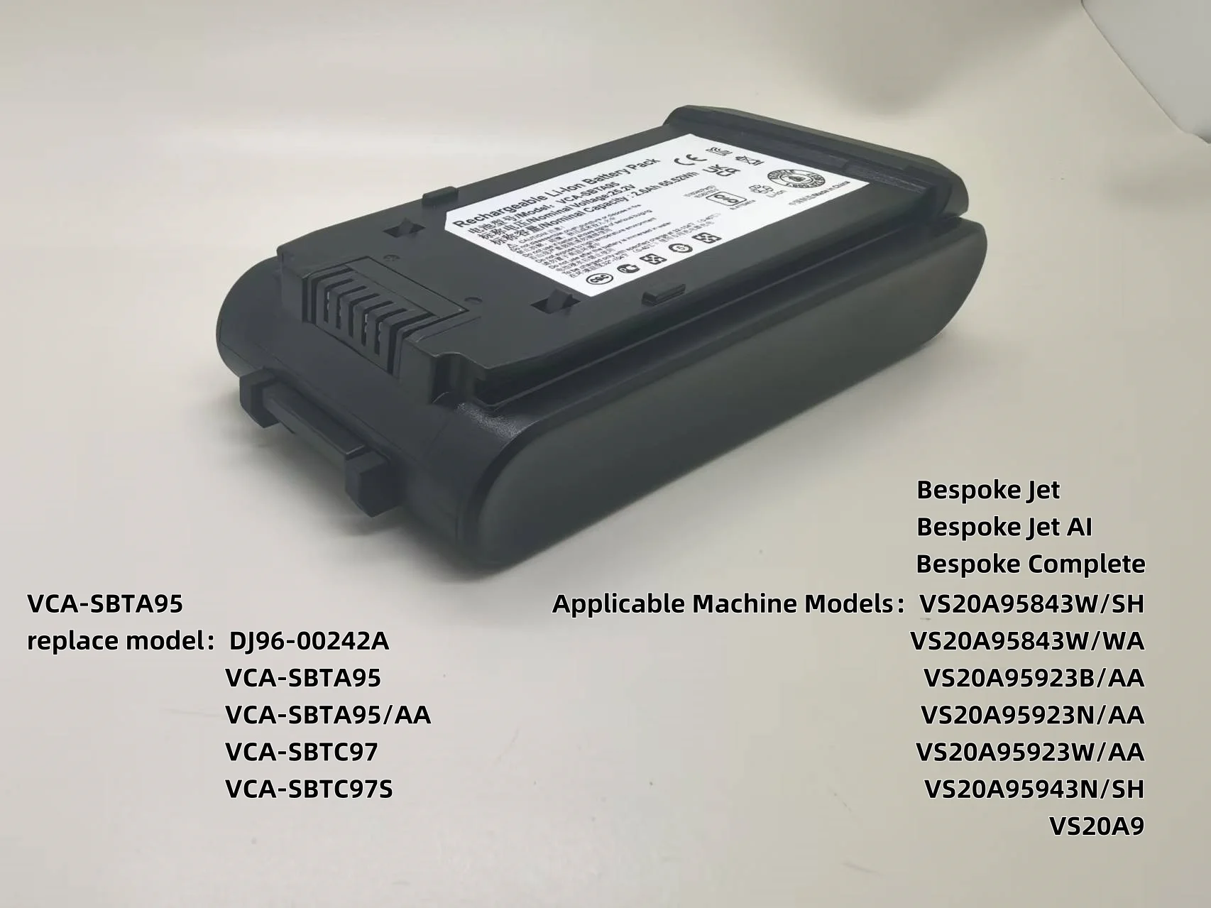 

25.2V/2600mAh Battery Replacement for SamsungJet 95, Jet 85,VCA-SBTA95 VCA-SBTA95/AA,VCA-SBTC97,VCA-SBTC97S DJ96-00242A