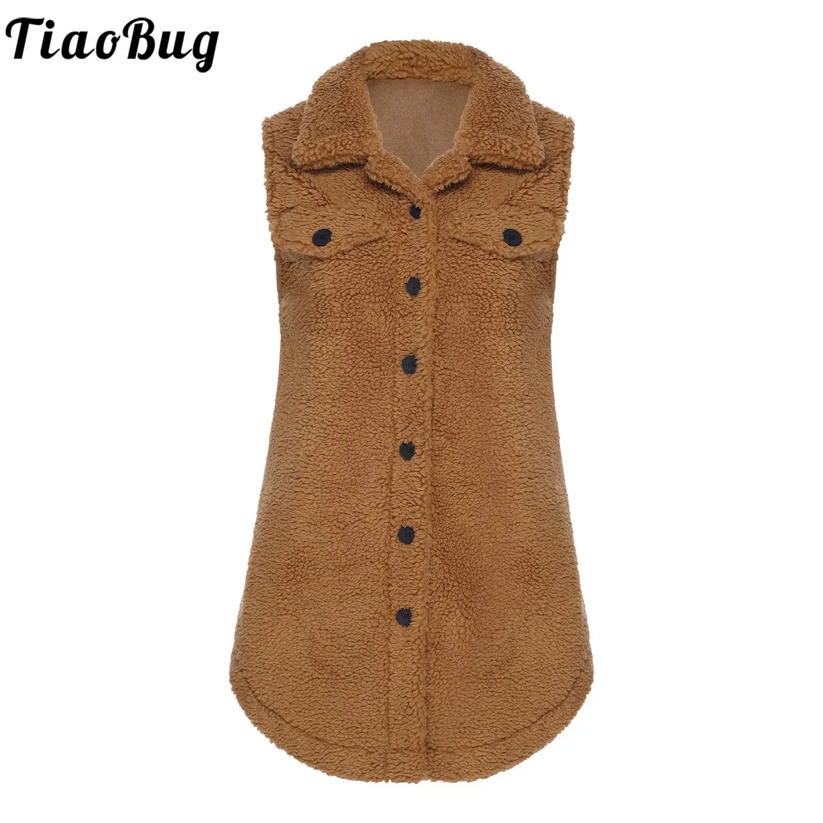 

Women winter Warm Fleece Sherpa Jacket Lapel Sleeveless Button-down Fake Flap Pockets Vest Outerwear for Daily Casual Holiday