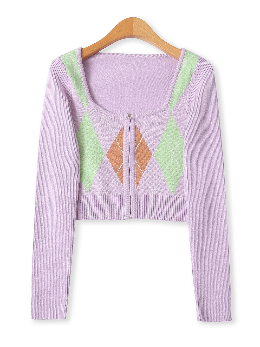 

Облегающий вязаный свитер с застежкой-молнией и клетчатым дизайном с квадратным воротником, длинный кардиган Sve ort для женщин, осенний новый Sle 8849