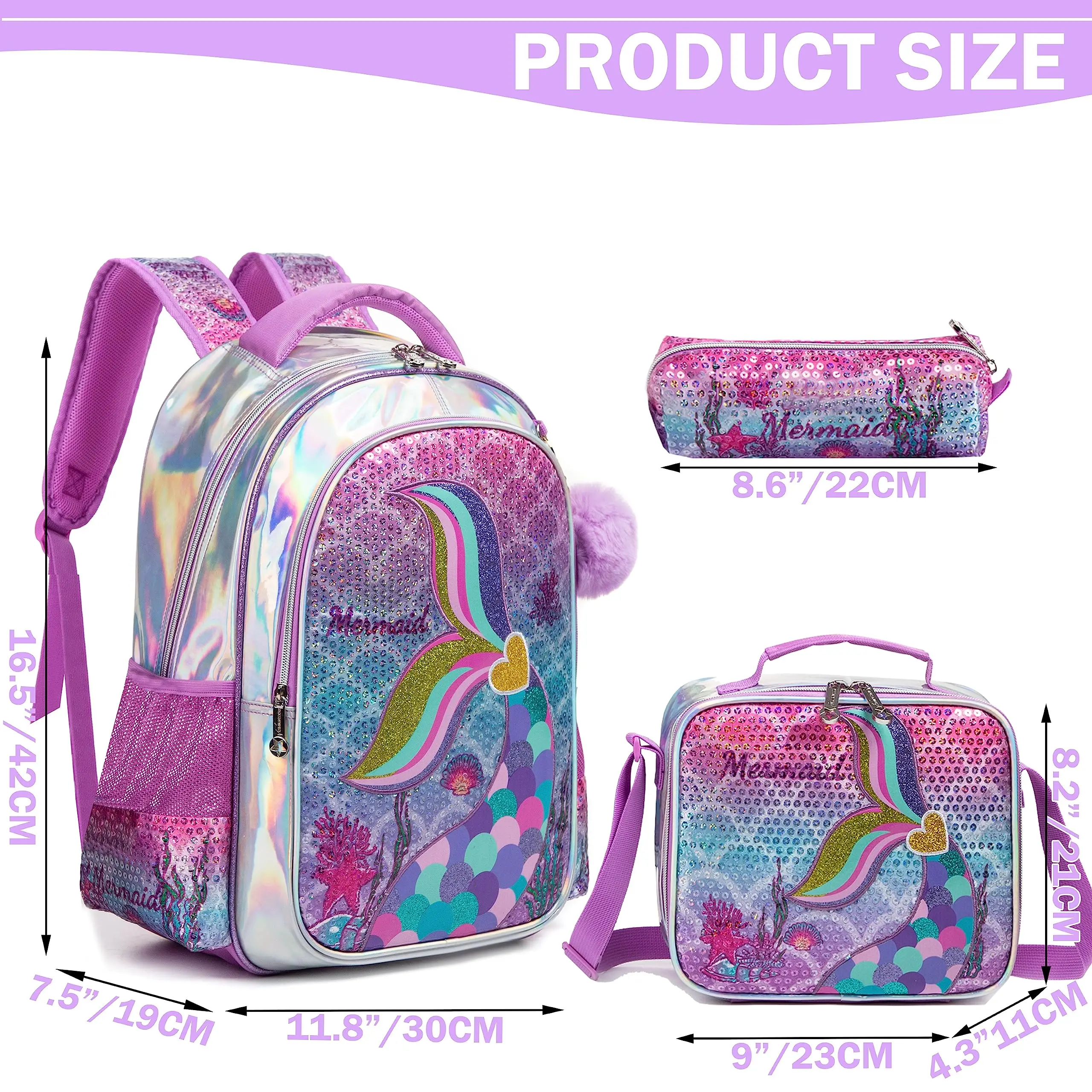 Meetbelify Mermaid Backpack for Girls Backpack with Lunch Box Set for Elementary Student Kids School Bag for Girls Ages 5-8Year