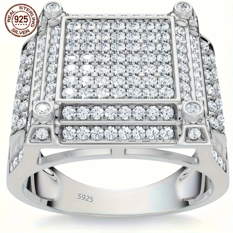 

Роскошное кольцо из стерлингового серебра 925 пробы для мужчин, массивное квадратное кольцо со льдом и цирконием в стиле хип-хоп, обручальное кольцо, юбилейное изысканное кольцо