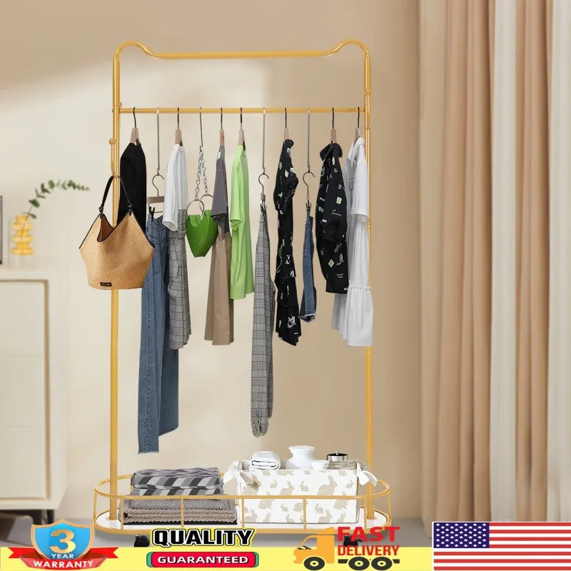 Multi-Functional Movable Clothes Rack Garment Stand w/ Storage Basket & Hooks Portable Hanger