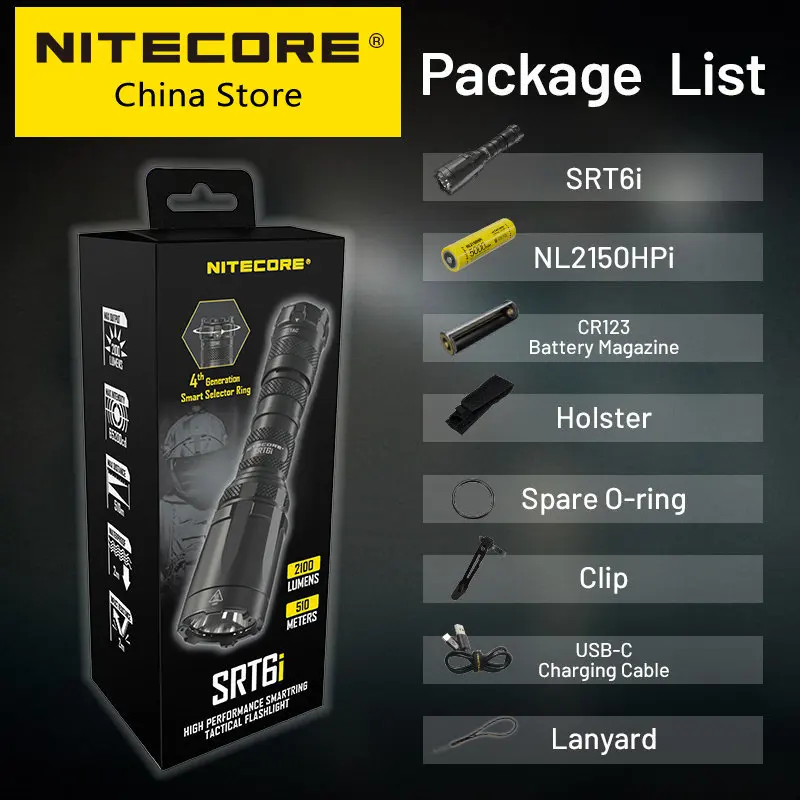 

NITECORE SRT6i Smartring Tactical Flashlight 2100 Lumens One Hand Flashlights USB-C Rechargeable Torch Light, Li-ion Battery