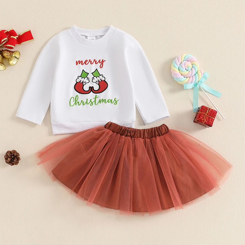 2024-08-23 Lioraitiin Toddler Baby Girl Christmas Outfit Letter Long Sleeve Sweatshirt Elastic Waist Tulle Skirt 2PCS