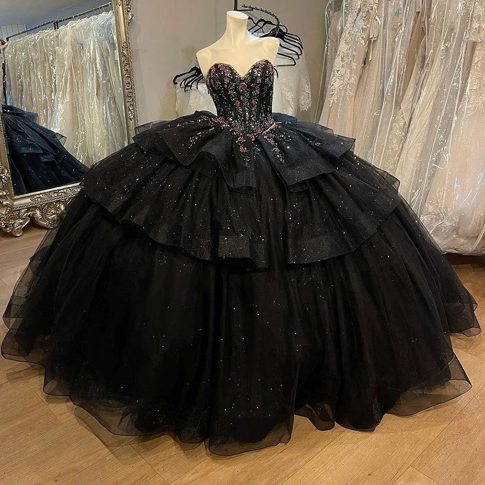 Vestidos De 15 Quinceañera Black Sequined Sparkly Quinceanera Dresses Sweetheart Lace Sweet 16 Pageant Gowns