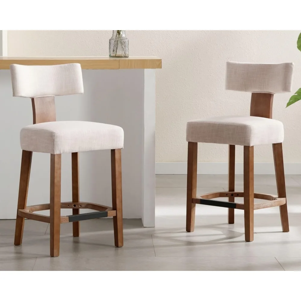 

26’’ Farmhouse Bar Stools Set of 2, Linen Upholstered Counter Height Barstools with Back Modern Counter Stools Wood Barstools wi