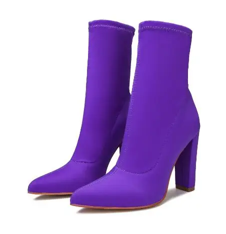 Hot Pink Fluorescent Yellow Purple Lycra Elastic Pointed Toe Slip On Square Heels Short Socks Boots Women Ankle Booties Lady