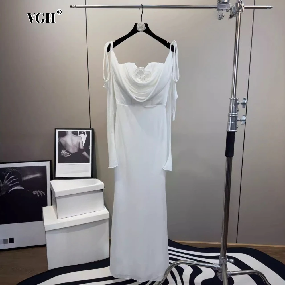 

VGH Chic Spliced 3D Flower Dresses for Women Slash Neck Off The Shoulder Long Sleeved High Waist Folds Slim Dress Female Summer