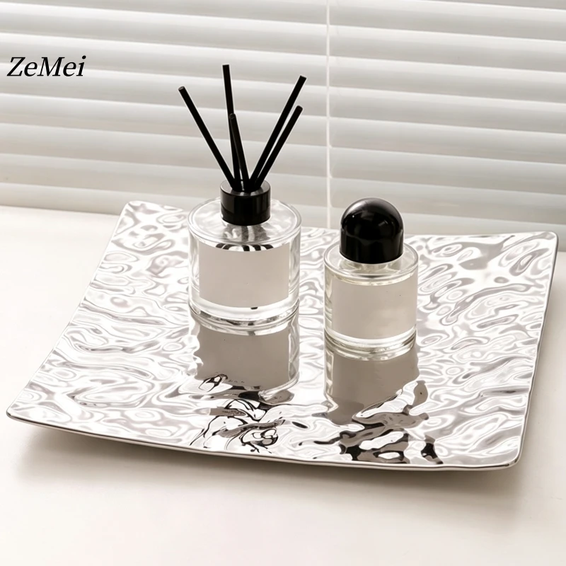 European-Style Fruit Plate,Silver Diecasting Water Ripple Texture Home Portable Metal Tray,Food Storage Plate Wedding Decoration