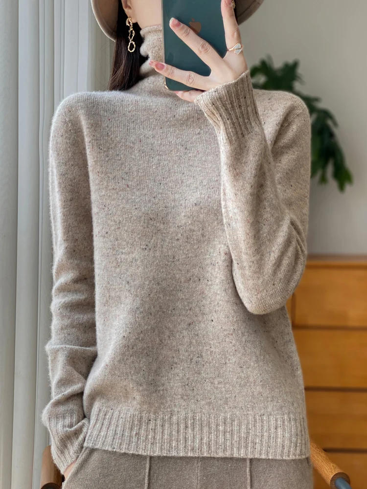 Free Collar 100% Merino Wool Sweater Women Turtleneck Knit Pullover Fashion Color Dot Loose Blouse Autumn Winter New Thick Tops