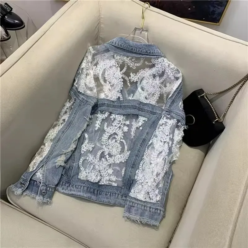 Autumn Streetwear Fashion Embroidery Lace Patchwork Sexy Denim Jacket Women's Wear Tassel Loose Denim Jacket