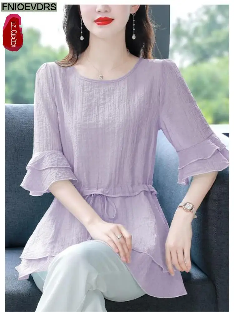 S-4XL 2023 Women Summer Short Sleeve Elegant Office Lady Work Shirt Casual Slim Drawstring Waist Tunic Peplum Tops And Blouses