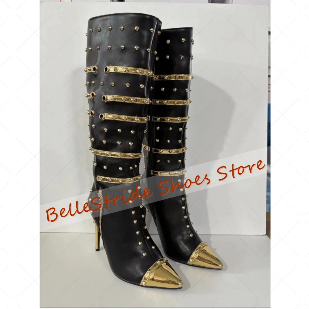 Black Rivets Side Zipper Decor Boots Pointed Toe Women Shoes Stilettos High Heels Party Banquet Dating 2025 Zapatos Para Mujere