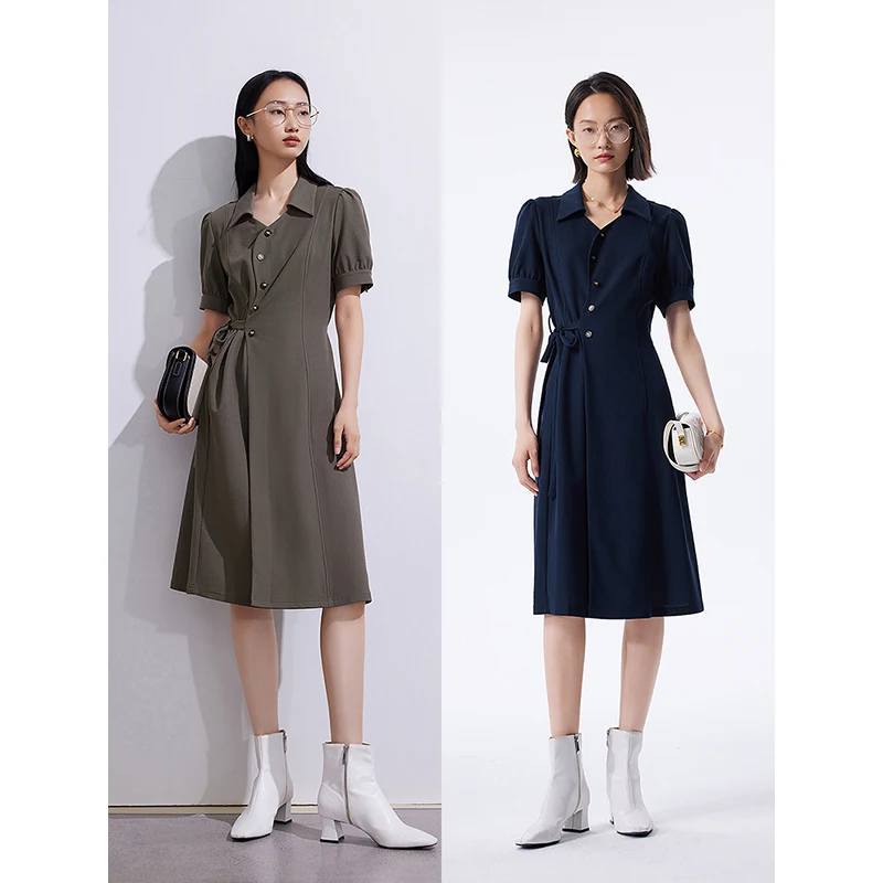 TOYOUTH Women Dress 2024 Summer New Lace Up Waistband Turn Down Collar Buff Sleeve Casual Mid Length Luxury Navy Fashion Dress