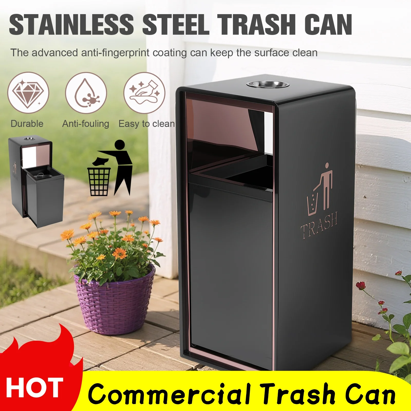 

Stainless Steel Large Odor Proof Trash Can W/ Removable Inner Barrel Modern Design for Hotel Lobby Outdoor Ashtray Hallway Smoki
