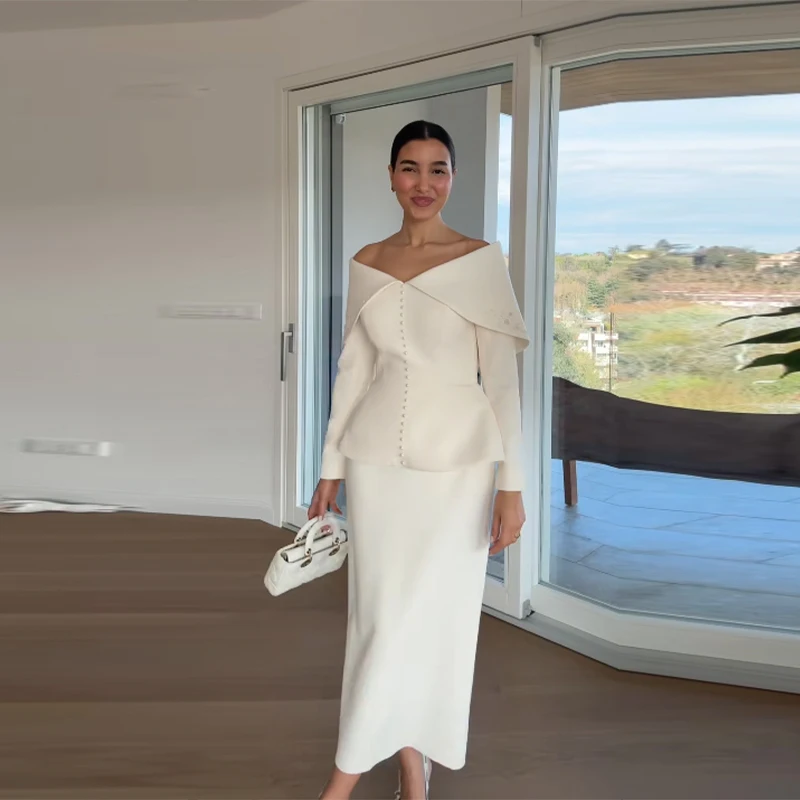 

Fashion Off Shoulder Two Piece Set Elegant White Peplum Top High Waist Midi Skirt Formal Office Wear Lady Evening Party Suit
