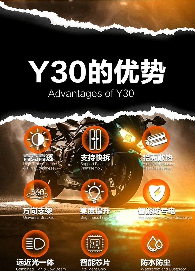 Universal Motorcycle Spotlight Y30 High Brightness Driving Light Motor Bike Led Auxiliary Spotlight Projector for R1200GS F800GS detail image 6