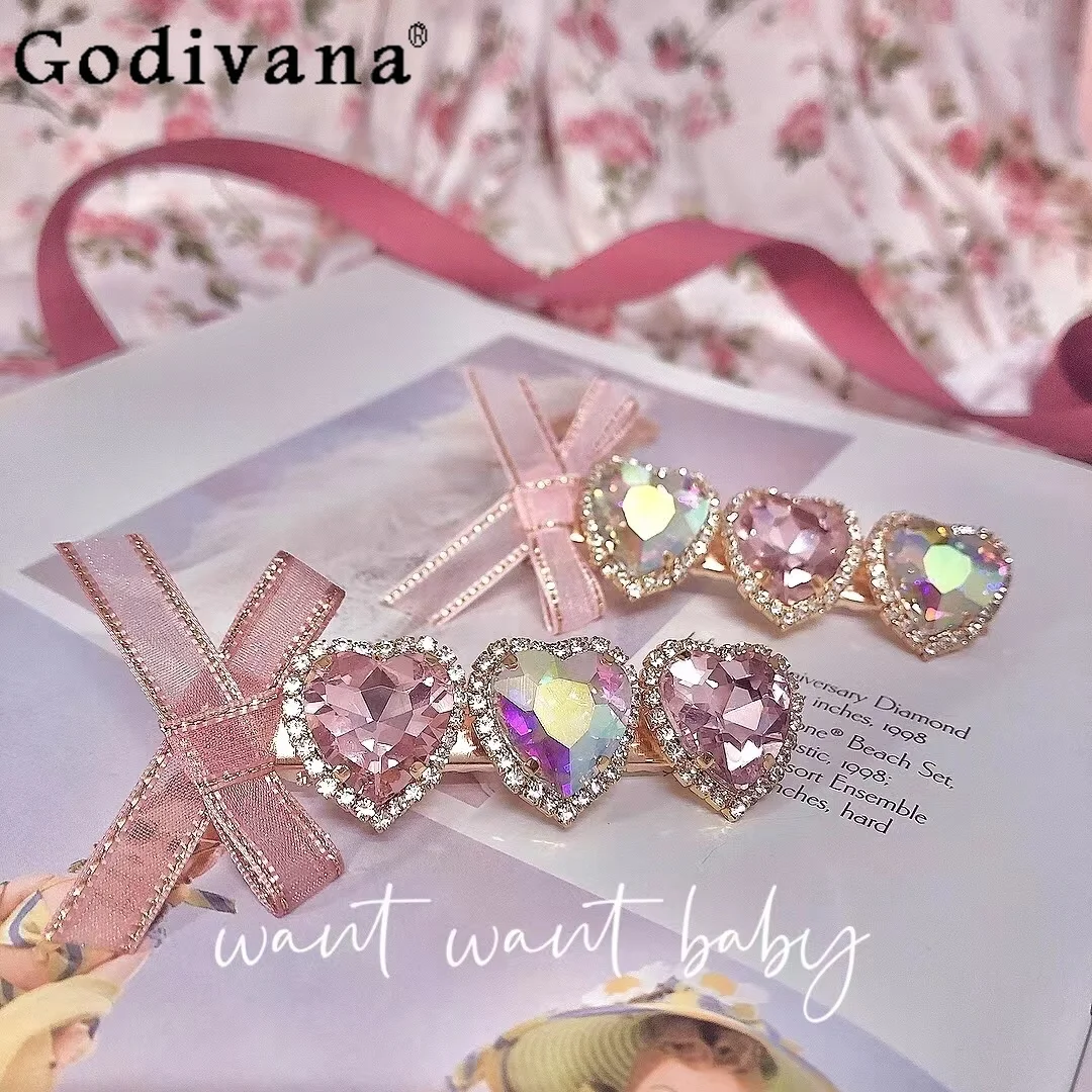 

Original Handmade Japanese Mass-Produced Mine Bow Heart Rhinestone Lolita Hair Clip Summer Fashion Sweet Y2k Girly Pink Hairpin