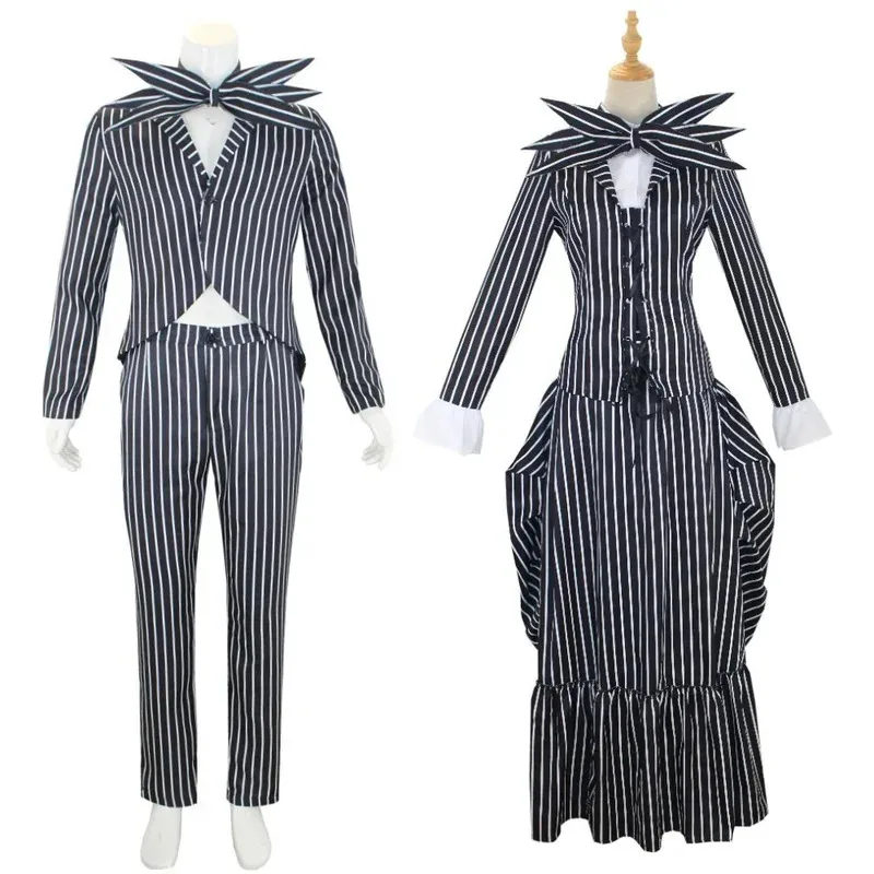 

Jack Skelington Cosplay Costume Movie The Nightmare Cosplay Before Christmas Striped Top Pant Outfit Halloween Party Uniform
