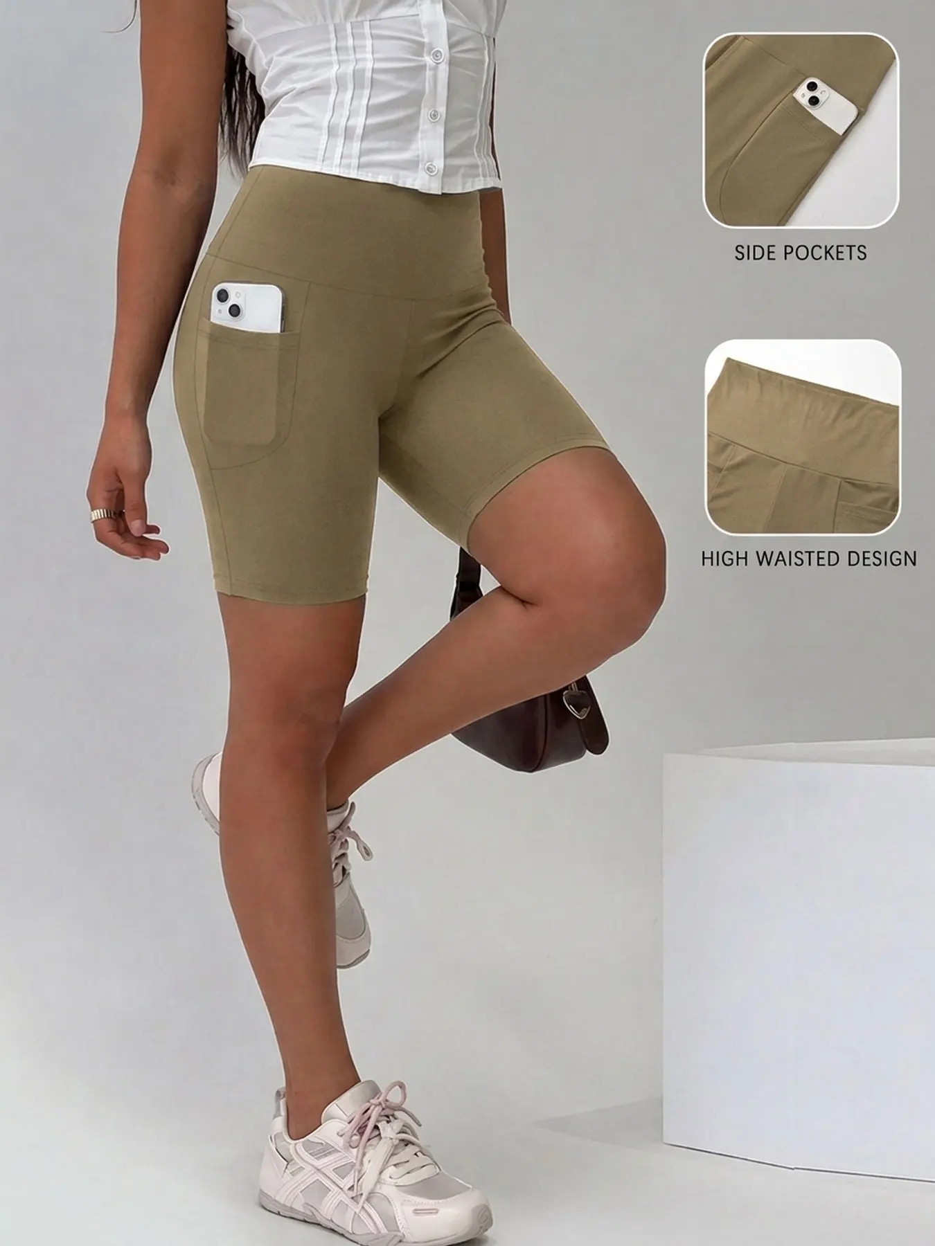 Damen Biker-Shorts mit Taschen, hoher Bund, superweich, blickdicht, Bauchkontrolle, für Laufen und Yoga – Detail 11