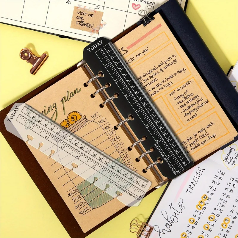 4 Set A5 Size Snap Binder Page Markers - Durable Plastic Bookmark Ruler, Black/Transparent Divider for 6-Hole Notebooks